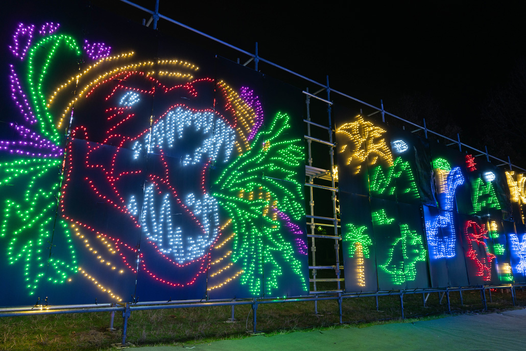 「光のページェント TWINKLE JOYO 2025」恐竜などが描かれている画像